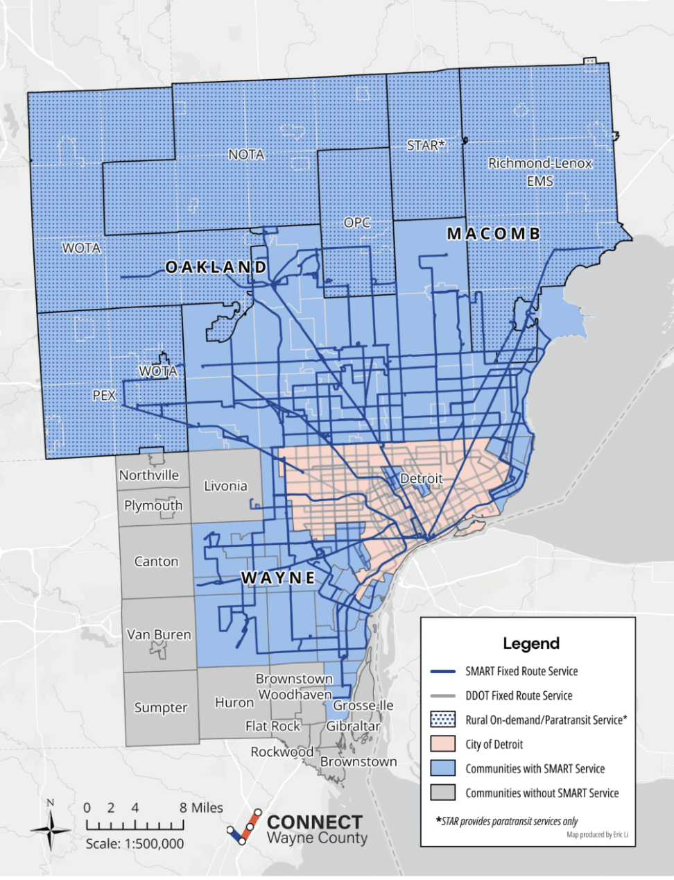 Map showcasing where SMART bus routes go within Wayne county, which communities pay for SMART buses, and which suburbs don't have buses