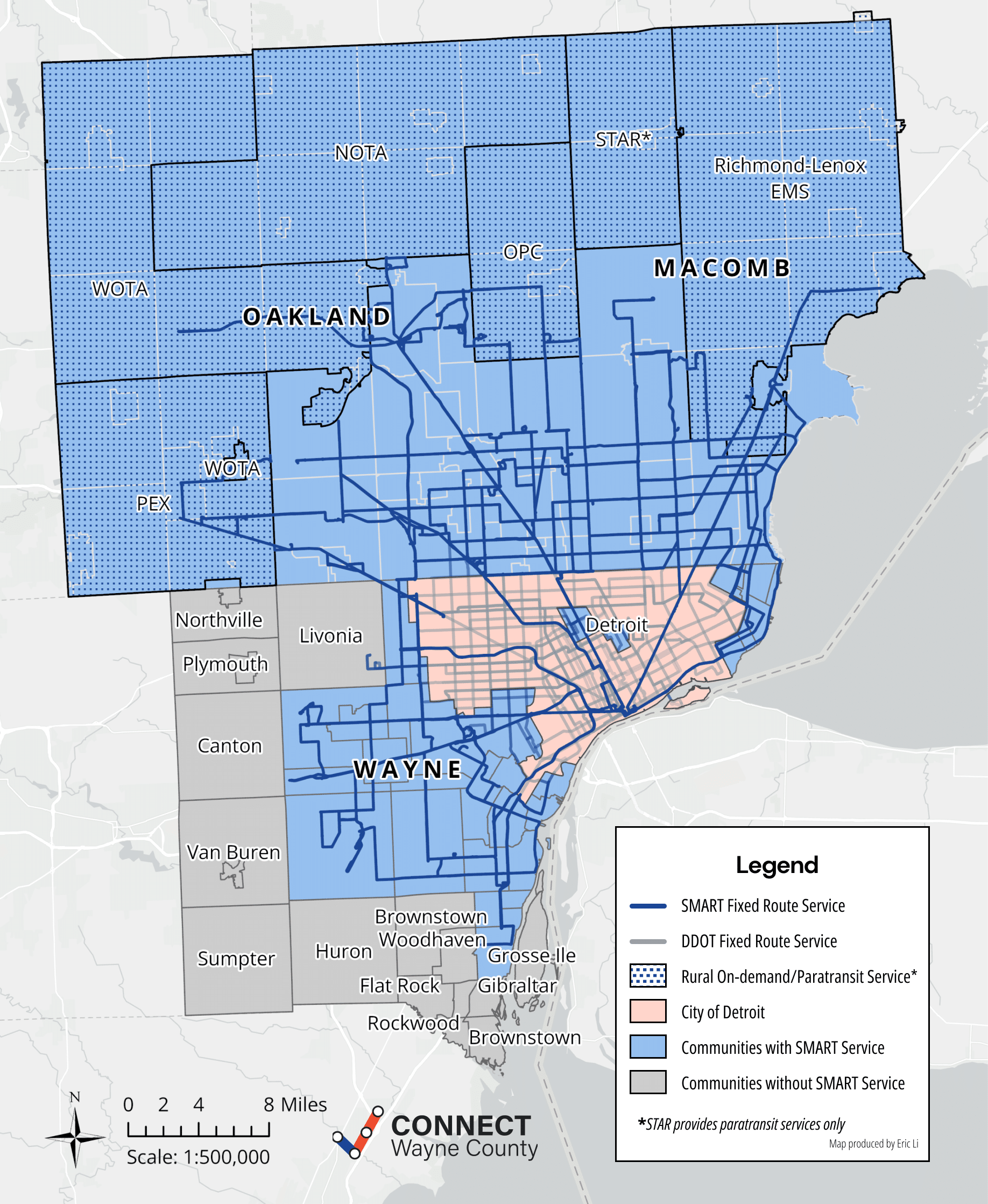 Map showcasing public transit in the Tri-County area
