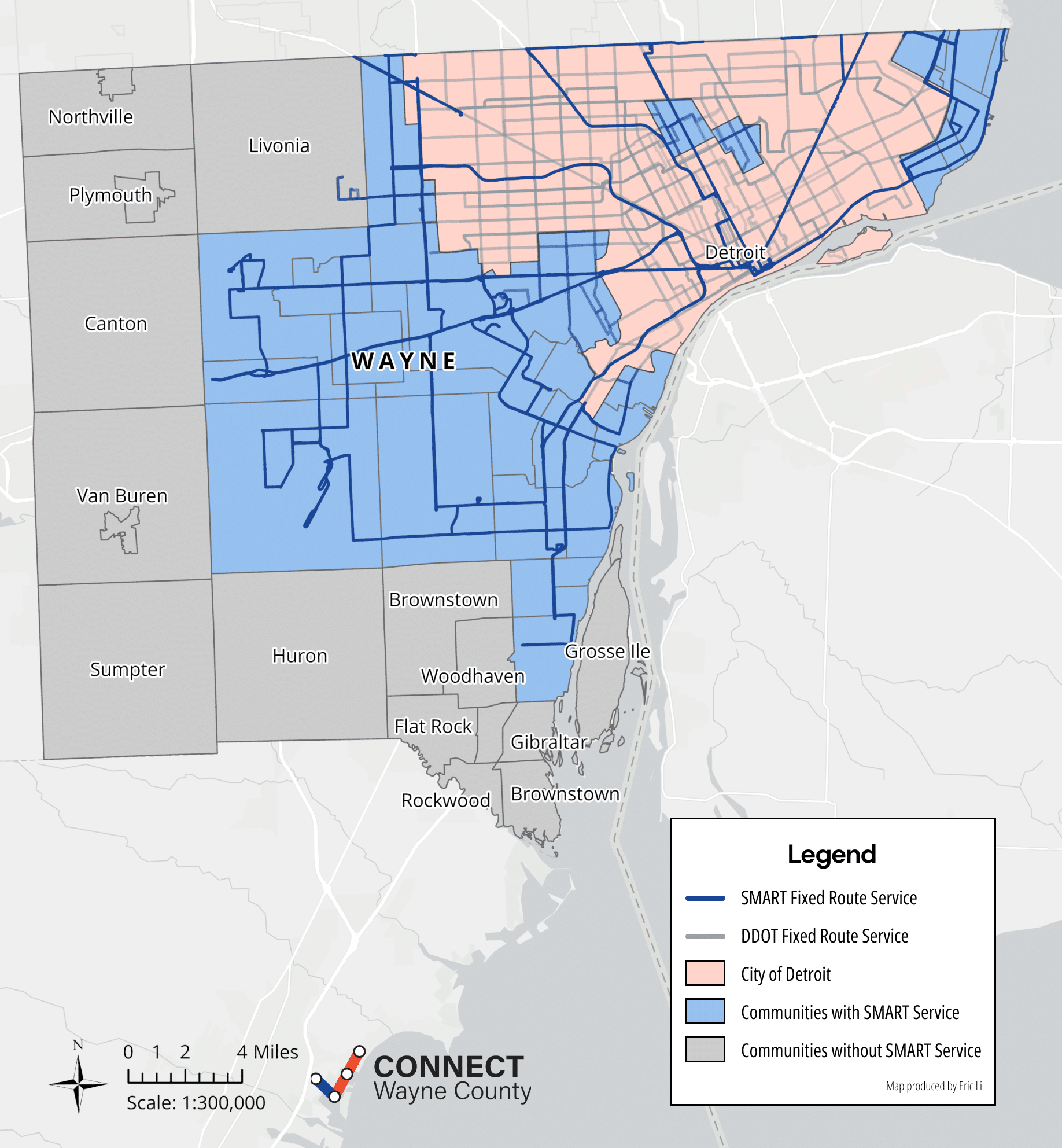 Map showcasing where SMART bus routes go within Wayne county, which communities pay for SMART buses, and which suburbs don't have buses